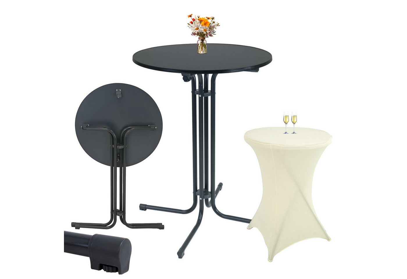 TRUTZHOLM Stehtisch Set Stehtisch klappbar Ø 80 cm in Anthrazit & Husse in Beige bügelfrei (Set aus Stehtisch und Husse), klappbar von TRUTZHOLM
