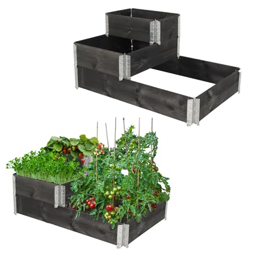 TRUTZHOLM Stufenbeet 3er Set Palettenrahmen Hochbeet 114x75x60 cm aus Holz schwarz Garten Balkon stapelbar von TRUTZHOLM