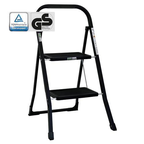 TRUTZHOLM Trittleiter 2 oder 3 Stufen klappbar TÜV/GS Zertifiziert 150 kg Klappleiter Anti-Rutsch Trittflächen & Sicherheitsverriegelung Klapptritt Haushaltstritt Stahl Leiter (Schwarz, 2 Stufen) von TRUTZHOLM