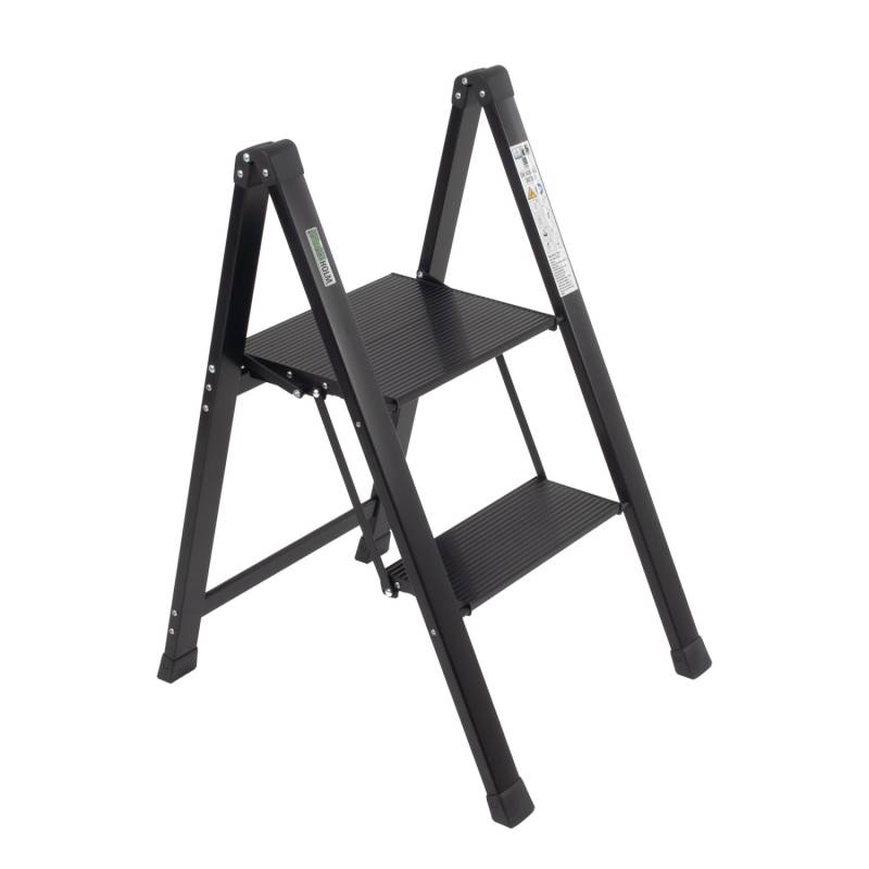 TRUTZHOLM Trittleiter 2 Stufig Klappbar bis 150 kg Alu Anti Rutsch Trittflächen TÜV GS Schwarz von TRUTZHOLM