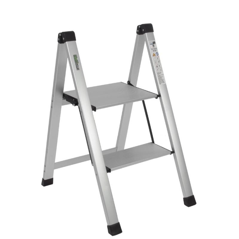 TRUTZHOLM Trittleiter 2 Stufig Klappbar bis 150 kg Alu Anti Rutsch Trittflächen TÜV GS Silber von TRUTZHOLM