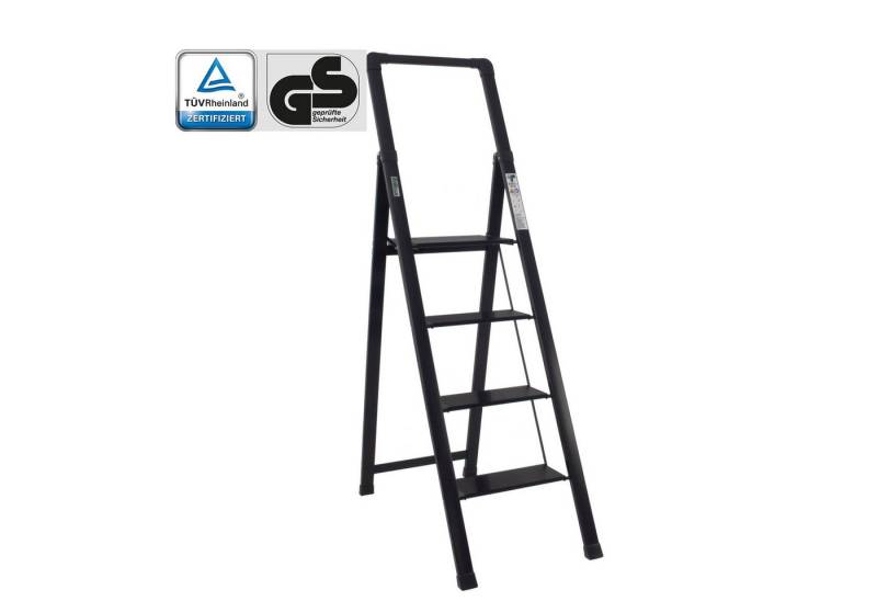 TRUTZHOLM Trittleiter Alu 4-stufig schwarz klappbar mit Handlauf bis 150 kg Leiter TÜV/GS von TRUTZHOLM