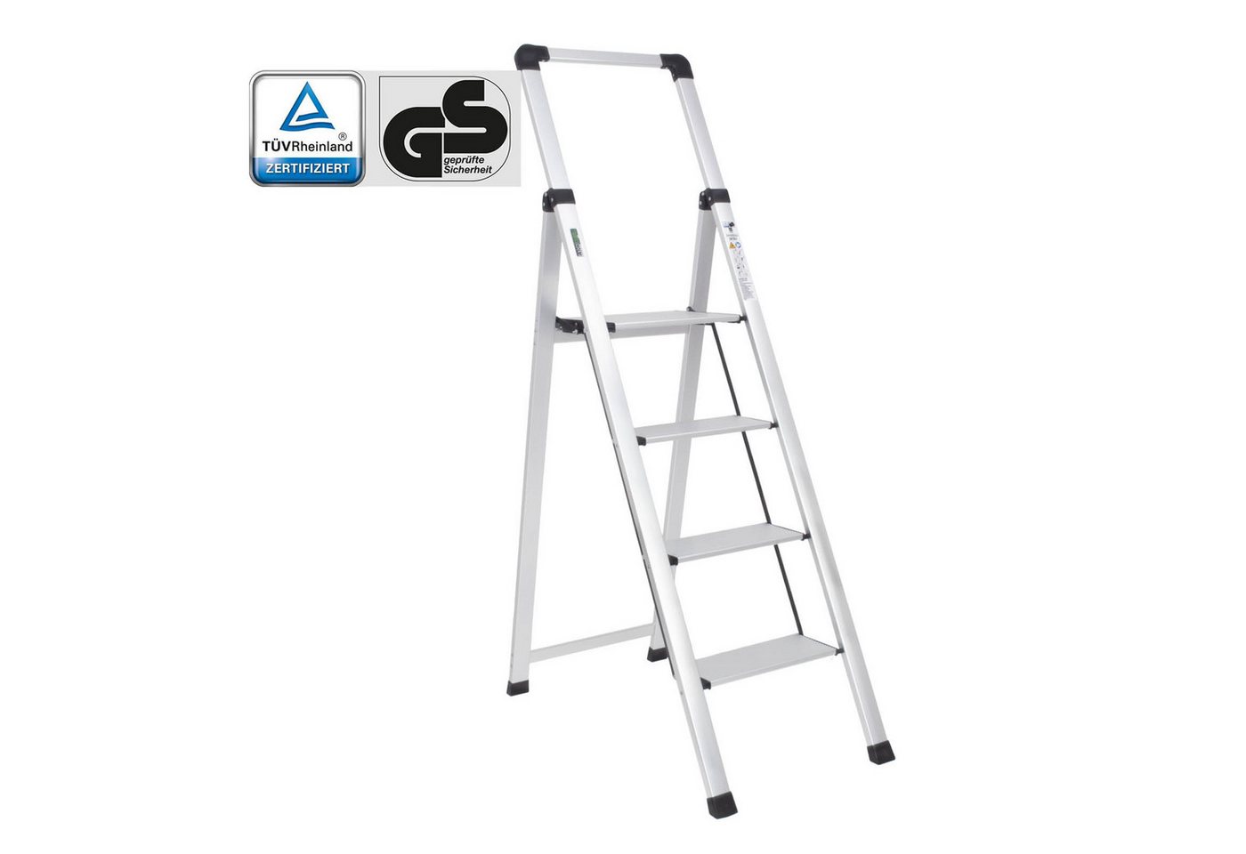 TRUTZHOLM Trittleiter Alu Trittleiter 4-stufig silber klappbar mit Handlauf 150 kg TÜV GS (1-St), leicht, rostfrei, Handlauf TRUTZHOLM Trittleiter Alu Trittleiter 4-stufig silber klappbar mit Handlauf 150 kg TÜV GS (1-St), leicht, rostfrei, Handlauf von TRUTZHOLM