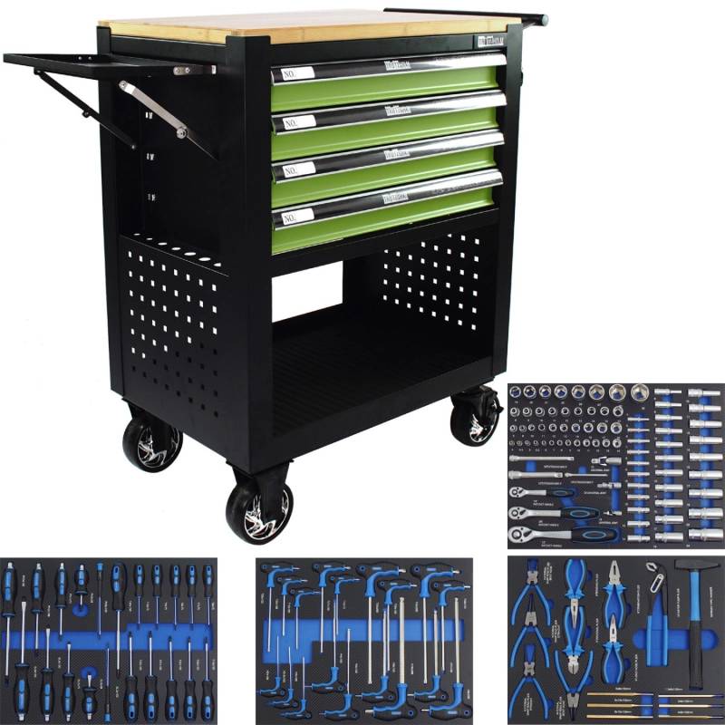 TRUTZHOLM Werkstattwagen 4 Schubladen Bestückt Massivholz Platte Profi Compact Grün von TRUTZHOLM