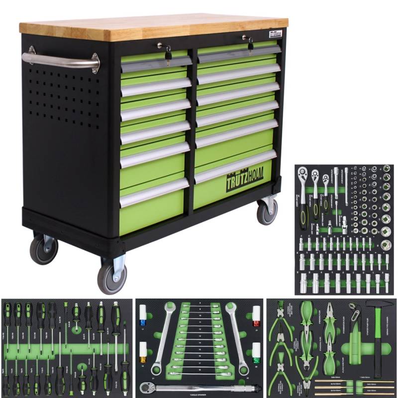 TRUTZHOLM Werkstattwagen DELUXE 12 Schubladen Bestückt 92x123 cm Mit Massiver Arbeitsplatte von TRUTZHOLM