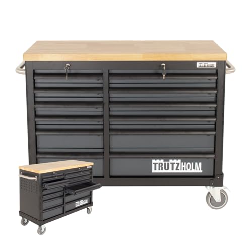 TRUTZHOLM Werkstattwagen Deluxe 12 Schubladen unbestückt mit massiver Arbeitsplatte Farbe nach Auswahl (Anthrazit/grau) von TRUTZHOLM