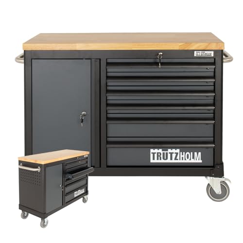 TRUTZHOLM Werkstattwagen Deluxe 6 Schubladen + Tür leer Werkzeugwagen, Rollwagen, Assistent | Arbeitsfläche 108x46,5cm Massivholz Arbeitsfläche Anthrazit von TRUTZHOLM