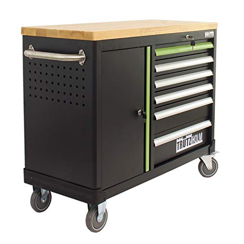 TRUTZHOLM Werkstattwagen Deluxe 6 Schubladen + Tür leer Werkzeugwagen, Rollwagen, Assistent | Arbeitsfläche 108x46,5cm Massivholz Arbeitsfläche (grün/schwarz) von TRUTZHOLM