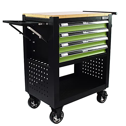 TRUTZHOLM Werkstattwagen Profi Compact Massive Holzplatte mit 4 Schubladen + Stauraum leer Montagewagen Werkzeugwagen Seitenablage (grün/schwarz) von TRUTZHOLM