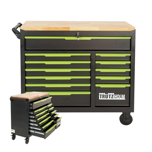 TRUTZHOLM Werkstattwagen Star XL 12 Schubladen unbestück Hartholz-Arbeitsplatte schwarz/grün 103 x 112 cm mit Feststellbremsen, abschließbar von TRUTZHOLM