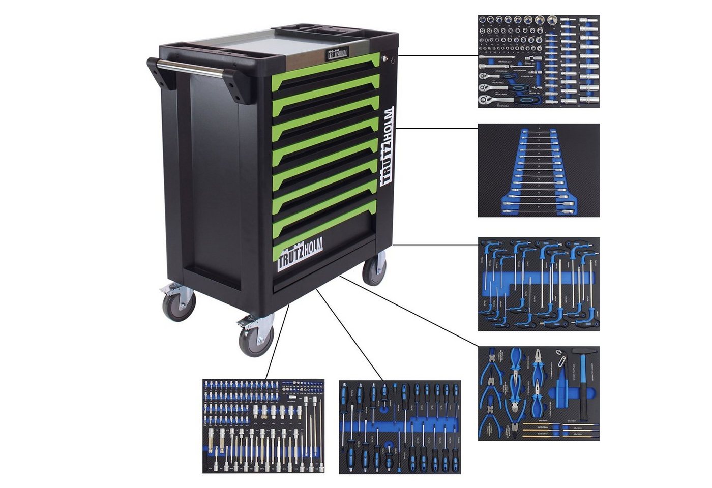 TRUTZHOLM Werkstattwagen Werkstattwagen 8 Schubladen 249-tlg. bestückt grün, auf Rollen von TRUTZHOLM