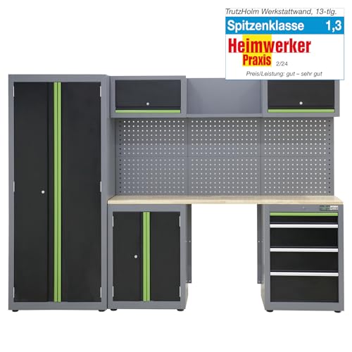 TRUTZHOLM Werkstattwand Werkstatteinrichtung 260 x 183 cm in zeitlosem anthrazit, flexibel zusammenstellbar, abschließbar, Hochschrank, Hängeschränke, Unterschränke mit Gasdruckfedern (Grün) von TRUTZHOLM