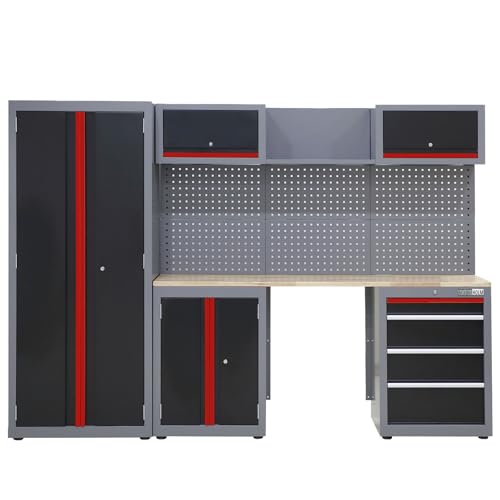 TRUTZHOLM Werkstattwand Werkstatteinrichtung 260 x 183 cm modulares Werkstattschranksystem flexibel zusammenstellbar, abschließbar, Hochschrank, Hängeschränke, Unterschränke mit Gasdruckfedern (Rot) von TRUTZHOLM