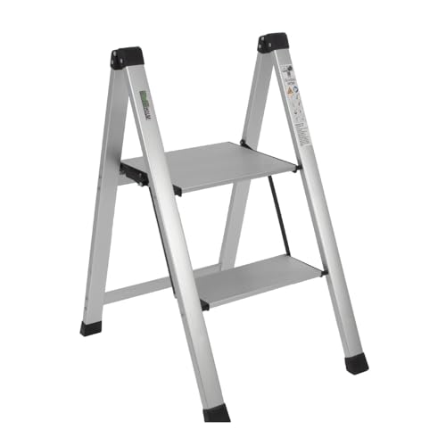 TRUTZHOLM Alu Trittleiter 2-stufig klappbar bis 150 kg Traglast Aluminium Silber Anti-Rutsch Trittflächen TÜV/GS Klapptritt 3,2 kg leicht platzsparend 5 cm schmal Ideal für Haus und Werkstatt von TRUTZHOLM