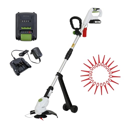 TRUTZHOLM Akku Rasentrimmer mit 20 V 2,0 Ah Akku & Ladegerät 2in1 Trimmer & Kantenschneider mit Schutzhaube Kantenschutzbügel Führungsrädern Motorsense inkl. 20x Ersatzmesser Schnittkreis 26 cm von TRUTZHOLM