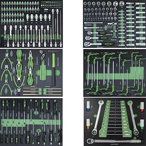 TRUTZHOLM Profi Werkstattwagen Schaum Einlagen Werkzeugeinlagen 515x395x40mm bestückt 6 Stück - Modell 2022 grün von TRUTZHOLM