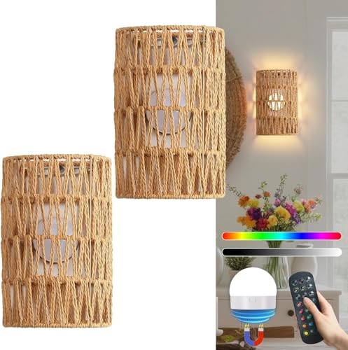2 Stück Akku Wandleuchte Innen RGB Dimmable Wandlampe mit Fernbedienung E27 Boho Rattan Nachttischlampe Vintage Bambuslaterne Lampe ohne Stromanschluss für Wohnzimmer Schlafzimmer Treppen Flur von TRUYOK