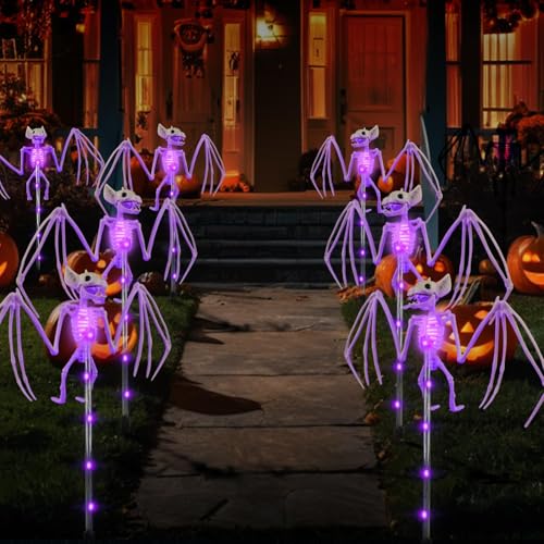 2 Stück Halloween Lila Fledermaus Skelett Solarlampen mit 8 Modi Fledermaus Wegbeleuchtung IP65 Wasserdicht Horror Outdoor Deko Patio Solarleuchten für Garten Terrasse Wegbeleuchtung Spukhaus Party von TRUYOK