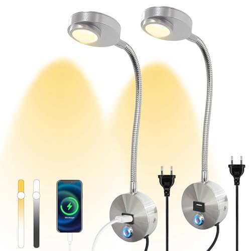 2 Stück Leselampe Wandmontage LED Wandleuchte mit Touch Control Dimmbar und USB-Ladeanschluss Nachttischlampe 360° Schwenkbar Schwanenhals Lampe Bettlampe mit Stecker und Kabel für Schlafzimmer von TRUYOK