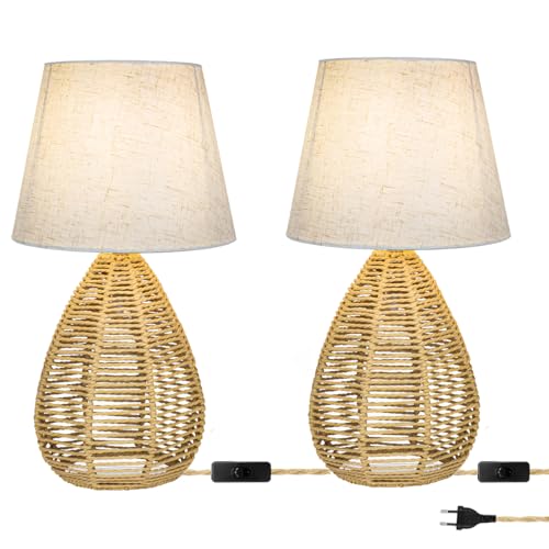 Tischlampe aus Bambus Retro Nachttischlampe mit Stecker und Schalter Dekor E14 Tischleuchte Stoff Schirm und Handgefertigte Gewebte Base Leselampe mit 1.5M Kabel für Schlafzimmer Arbeitszimmer (2) von TRUYOK