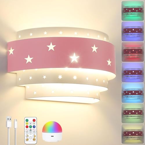 Akku Kinder Wandleuchte RGB Dimmbar Wandlampe mit Fernbedienung und Abnehmbarer Glühbirne Kinderlampe Ohne Stromanschluss Sterne Nachttischlampe für Schlafzimmer Treppen Flur Jungen Mädchen von TRUYOK