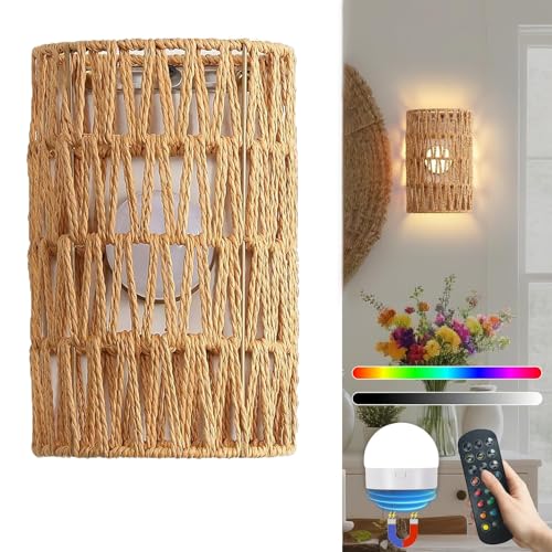 Akku Wandleuchte Innen RGB Dimmable Wandlampe mit Fernbedienung E27 Boho Rattan Nachttischlampe Vintage Bambuslaterne Lampe ohne Stromanschluss für Wohnzimmer Schlafzimmer Treppen Flur Akku Wandleuchte Innen RGB Dimmable Wandlampe mit Fernbedienung E27 Boho Rattan Nachttischlampe Vintage Bambuslaterne Lampe ohne Stromanschluss für Wohnzimmer Schlafzimmer Treppen Flur von TRUYOK