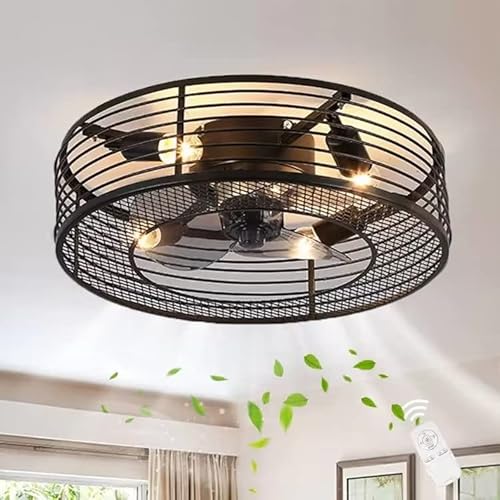 Deckenventilator mit Lampe und Fernbedienung Retro E27 Fan Deckenleuchte Industrial Schwarz Eisenkäfig Ventilator Deckenlampe Leise Unsichtbar Lüfterlicht für Wohnzimmer Schlafzimmer Büro Beleuchtung von TRUYOK