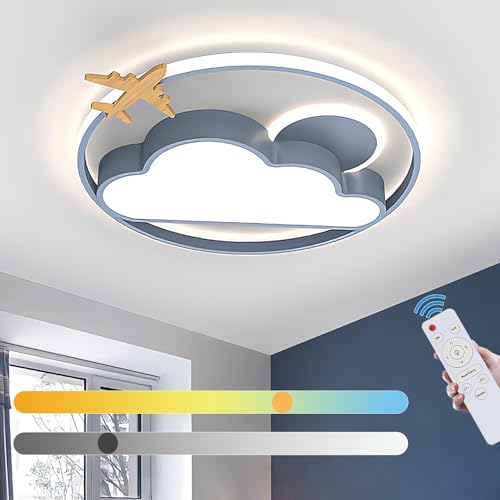 LED Deckenleuchte Dimmbar mit Fernbedienung Holz Deckenlampe Kinderzimmer Wolken Flugzeug Nachtlicht 3000K-6000K Kinderlampe für Jungen Mädchen Schlafzimmer Babyzimmer Wohnzimmer Deckenbeleuchtung von TRUYOK