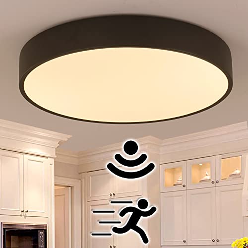 LED Deckenleuchte mit Bewegungsmelder Warmweiß 18W Moderne Flur Deckenlampe mit Radar Bewegungssensor Schwarz Metall Flach Decke Lampe Innen Runde Sensorleuchte für Balkon Veranda Küche BüRo Garage von TRUYOK