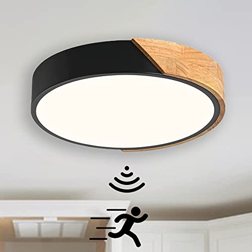 LED Deckenleuchte mit Radar Bewegungsmelder Innen Holz Deckenlampe mit Bewegungssensor Runden Decke Lampe mit Sensor für Flur Korridor Treppe Bad Veranda Küche Garage, Neutralweiß 4000K (Schwarz,30cm) von TRUYOK