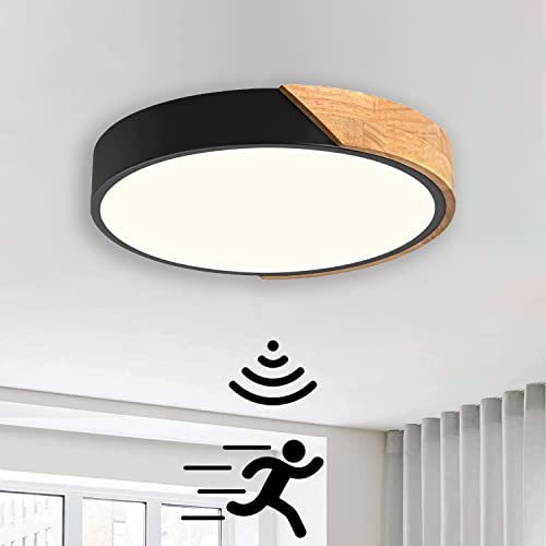 LED Deckenleuchte mit Radar Bewegungsmelder Innen Holz Deckenlampe mit Bewegungssensor Runden Decke Lampe mit Sensor für Flur Korridor Treppe Bad Veranda Küche Garage, Neutralweiß 4000K (Schwarz,22cm) von TRUYOK