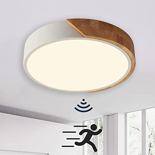 LED Deckenleuchte mit Radar Bewegungsmelder Innen Holz Deckenlampe mit Bewegungssensor Runden Decke Lampe mit Sensor für Flur Korridor Treppe Bad Veranda Küche Garage, Neutralweiß 4000K (Weiß,22cm) von TRUYOK