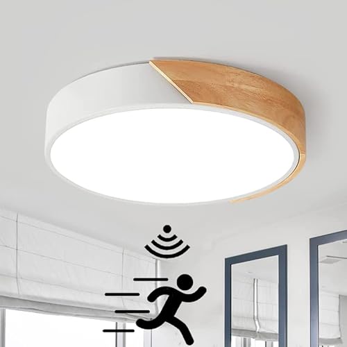 LED Holz Deckenleuchte mit Bewegungsmelder Innen Sensorlampe Modern Runden Deckenlampe mit Tageslichtsensor Decke Lampe für Flur Korridor Treppe Wohnzimmer Balkon Küche Veranda Büro (Weiß,22cm) von TRUYOK