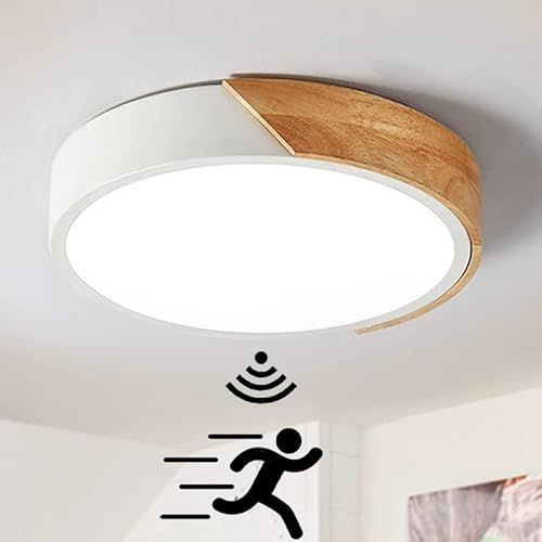 LED Holz Deckenleuchte mit Bewegungsmelder Innen Sensorlampe Modern Runden Deckenlampe mit Tageslichtsensor Decke Lampe für Flur Korridor Treppe Wohnzimmer Balkon Küche Veranda Büro (Weiß,30cm) von TRUYOK