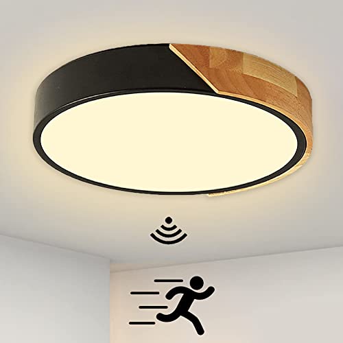 LED Holz Deckenleuchte mit Radar Bewegungsmelder Innen Sensorlampe Warmweißes 3000K Deckenlampe mit Bewegungssensor Runden Decke Lampe für Flur Korridor Treppe Bad Veranda Küche Garage (Schwarz,22cm) von TRUYOK