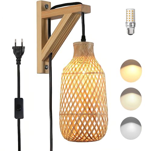 LED Holz Wandleuchte Innen mit Stecker Rattan Bambus Dimmbare Wandlampe Up Down Licht 3000K/4500K/6000K E27 Nachttischlampe für Wohnzimmer Schlafzimmer Flur Treppe Hotel Innenbeleuchtung von TRUYOK