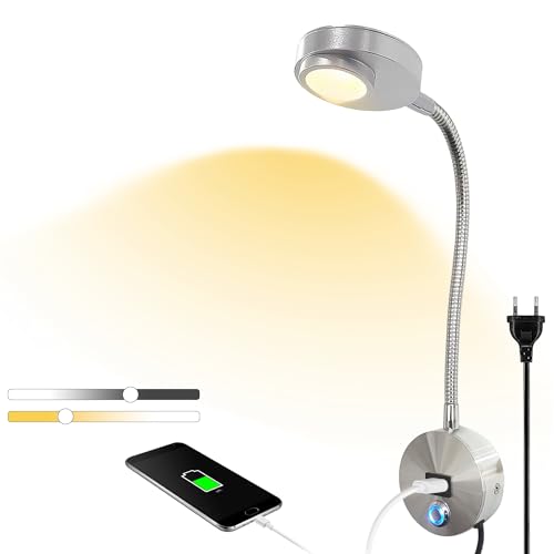 Leselampe Wandmontage LED Bettlampe Dimmbar Wandleuchte mit Touch Schalter und USB-Ladeanschluss 360° Flexible Schwanenhals Lampe Silber Wandlampe mit Stecker und Kabel Schlafzimmer Nachttischlampe von TRUYOK