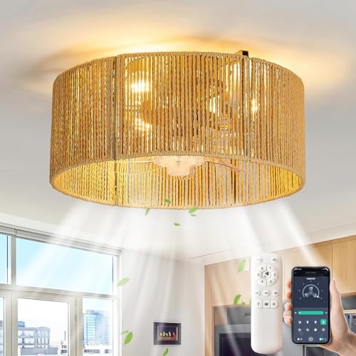 Rattan Deckenventilator mit Beleuchtung und Fernbedienung E27 Retro Deckenleuchte mit Ventilator Leise 6 Windgeschwindigkeit Boho Lampe mit Ventilator Schlafzimmer Wohnzimmer Esszimmer Deckenlampe von TRUYOK