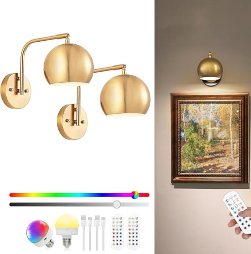 TRUYOK 180° Drehbare Gold E27 Wandlampe aus Metall Nachttischlampe Innen Batteriebetrieben Kabellose Dimmbar RGB Fernsteuerung Wandleuchte für Wohnzimmer Schlafzimmer Büro Flur (2 Pcs) von TRUYOK