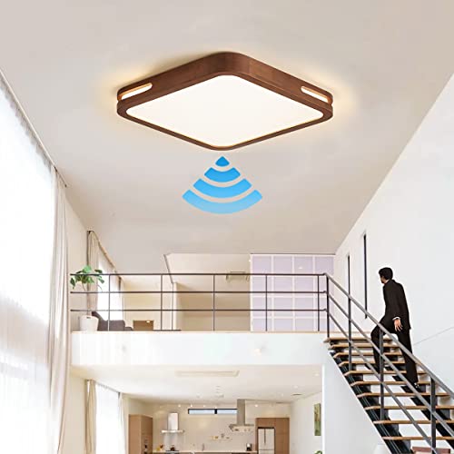 LED Deckenlampe mit Bewegungsmelder Innen Holz Deckenleuchte Sensor Einstellbar Modern Deckenbeleuchtung Warmweiß Lampe Quadrat Sensorlampe für Flur, Treppe, Veranda, Balkon 30cm 18W von TRUYOK