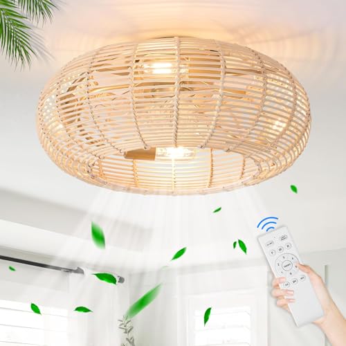 TRUYOK Boho Deckenventilator mit Beleuchtung E27 Rattan Bambus Deckenleuchte mit Ventilator und Fernbedienung Retro Schlafzimmerlampe Leise Fan Deckenlampe für Wohnzimmer Esszimmer Lüfter Licht von TRUYOK