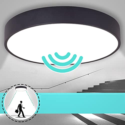 TRUYOK Deckenlampe mit Bewegungsmelder Innen LED Schwarz Deckenleuchte mit Tageslichtsensor Flur Sensor Licht Moderne Runde Panelleuchte für Garage Treppen Keller Balkon Diele Deckenbeleuchtung Ø22CM von TRUYOK