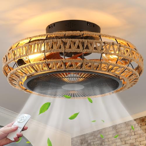 TRUYOK Deckenventilator mit Beleuchtung und Fernbedienung E27 Ventilator Deckenleuchte Vintage Gewebtes Hanfseil Käfig Schlafzimmerlampe Leise Fan Deckenlampe Wohnzimmer Esszimmer Küche Lüfter Licht von TRUYOK