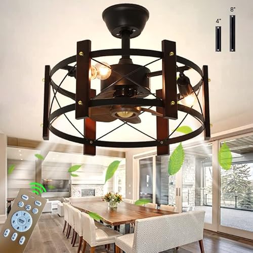 TRUYOK Holz Deckenventilator mit Beleuchtung LED Retro Ventilator Deckenleuchte mit Fernbedienung Schlafzimmer Ventilator Deckenlampe E27 Vintage Pendelleuchte für Wohnzimmer Esszimmer Lüfter Licht von TRUYOK
