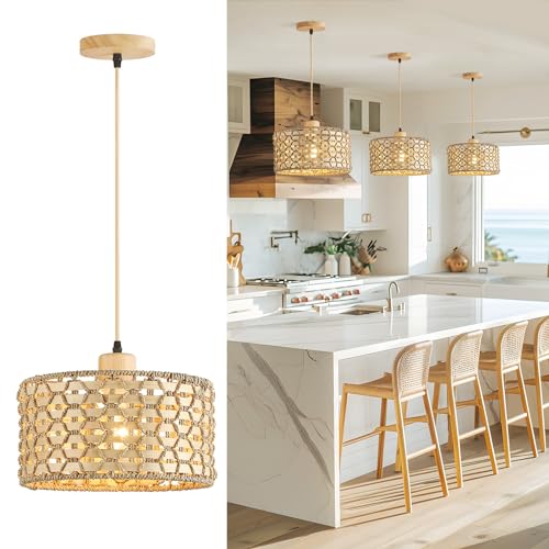 TRUYOK Holz Küchenlampe Hängend Rattan Pendelleuchte Boho Vintage Verstellbare E27 Hängelampe Retro Bambus Deckenlampe für Schlafzimmer Wohnzimmer Küche Flur Esszimmerlamp, Ø30CM von TRUYOK