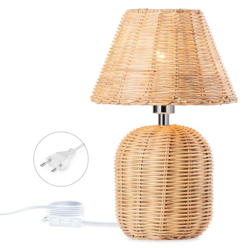 Tischlampe Rattan aus Bambus E14 Nachttischlampe mit Stecker und Schalter Retro Natur Leselampe Handgefertigte Gewebte Laternenschirm Tischleuchte mit 1.5M Kabel für Schlafzimmer Wohnzimmer Esszimmer von TRUYOK