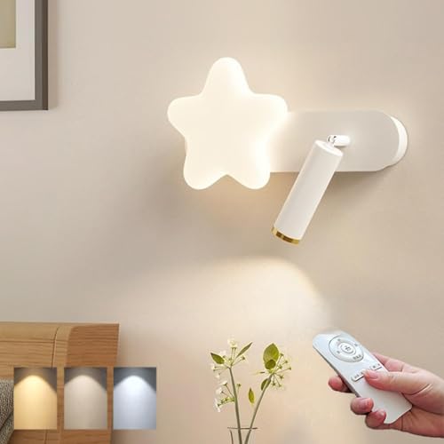 Wandleuchte LED Dimmbar Wandlampe Kinder mit Fernbedienung Stern Wandstrahler Drehbare 350° Nachtlicht Weiß Leselampe Modern Wandbeleuchtung für Junge Mädchen Kinderzimmer Schlafzimmer Wohnzimmer von TRUYOK