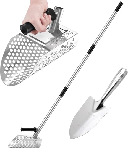 Long Handle Sand Scoop, Heavy Duty Metal Detecting Sand Scoop mit Langem Griff, Edelstahl Strand Sand Scoop Handheld mit Langem Stahlgriff Pole Design, Ideal für Unterwasser-Schatzsuche von TRVL FIELDER