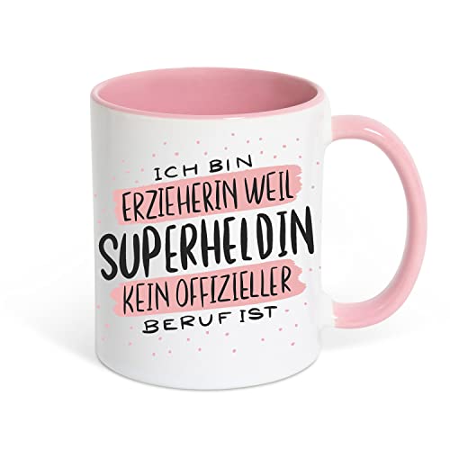 TRVPPY Tasse Superheldin - Ich Bin Erzieherin Weiß-Rosane Kaffeetasse Geschenk, Keramik Mit Spruch Motiv von TRVPPY