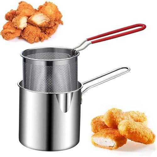 Mini-Fritteuse, Edelstahltopf mit Verbrühungsschutzgriff, Pfanne mit Korb, for Tempura-Chips, Pommes, Fisch und Hühnchen von TRgqify-KM